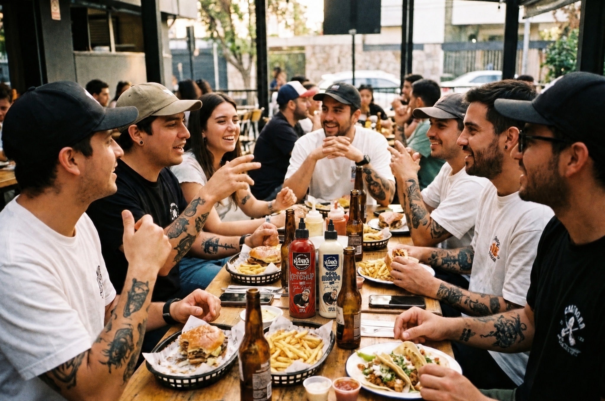 Amigos compartiendo salsas Hanks
